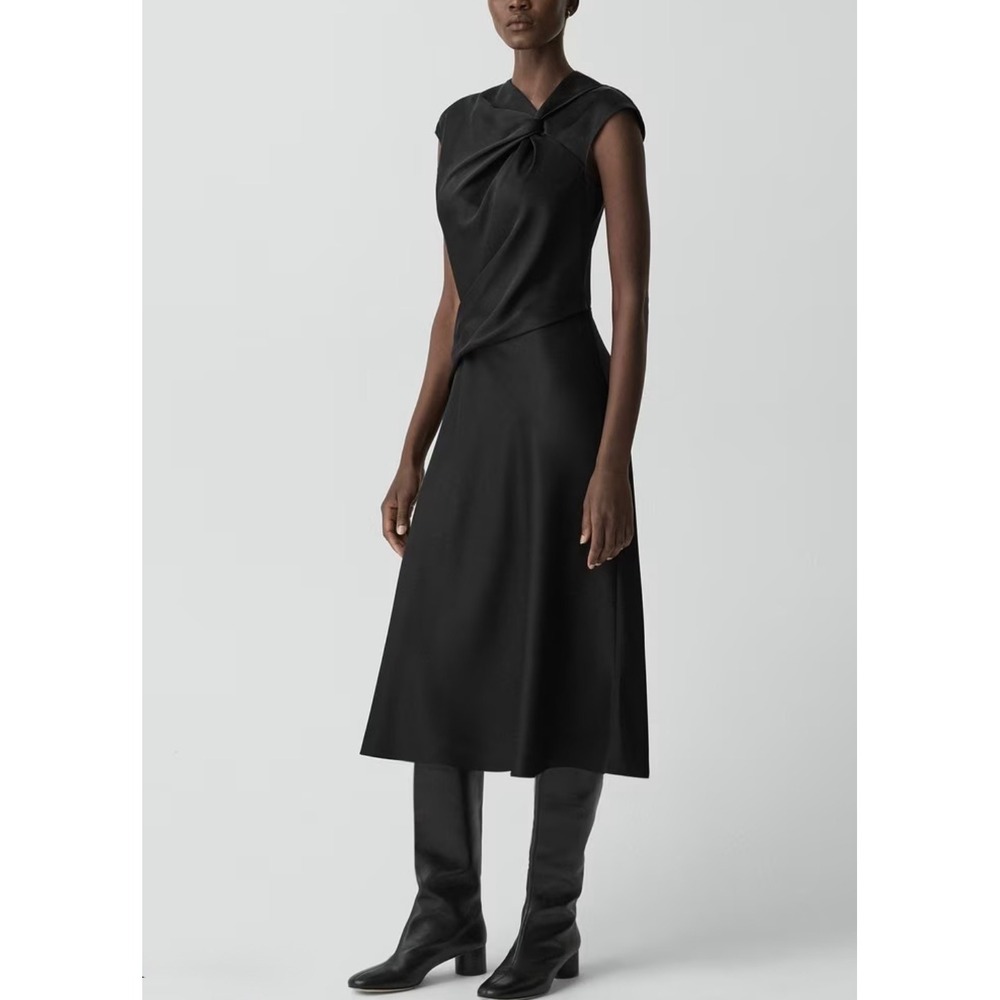 Theory Twist Bodice Dress Women 8 Black New With Tags Satin Midi Cap Sleeve